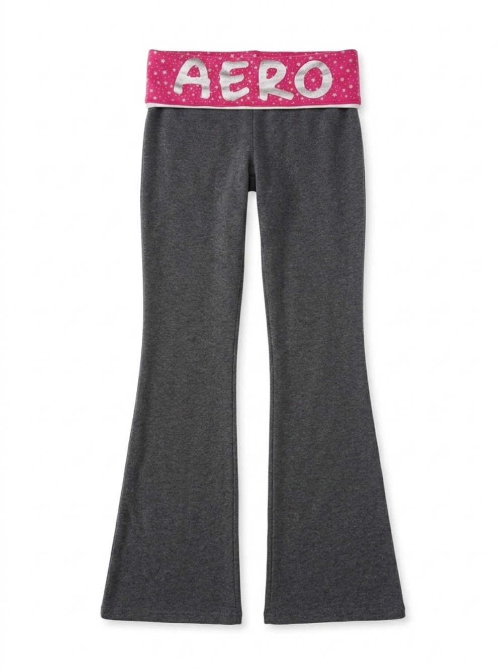 Aero Fold-Over Waist Gray Flared Lounge Pants with Pink Logo Band